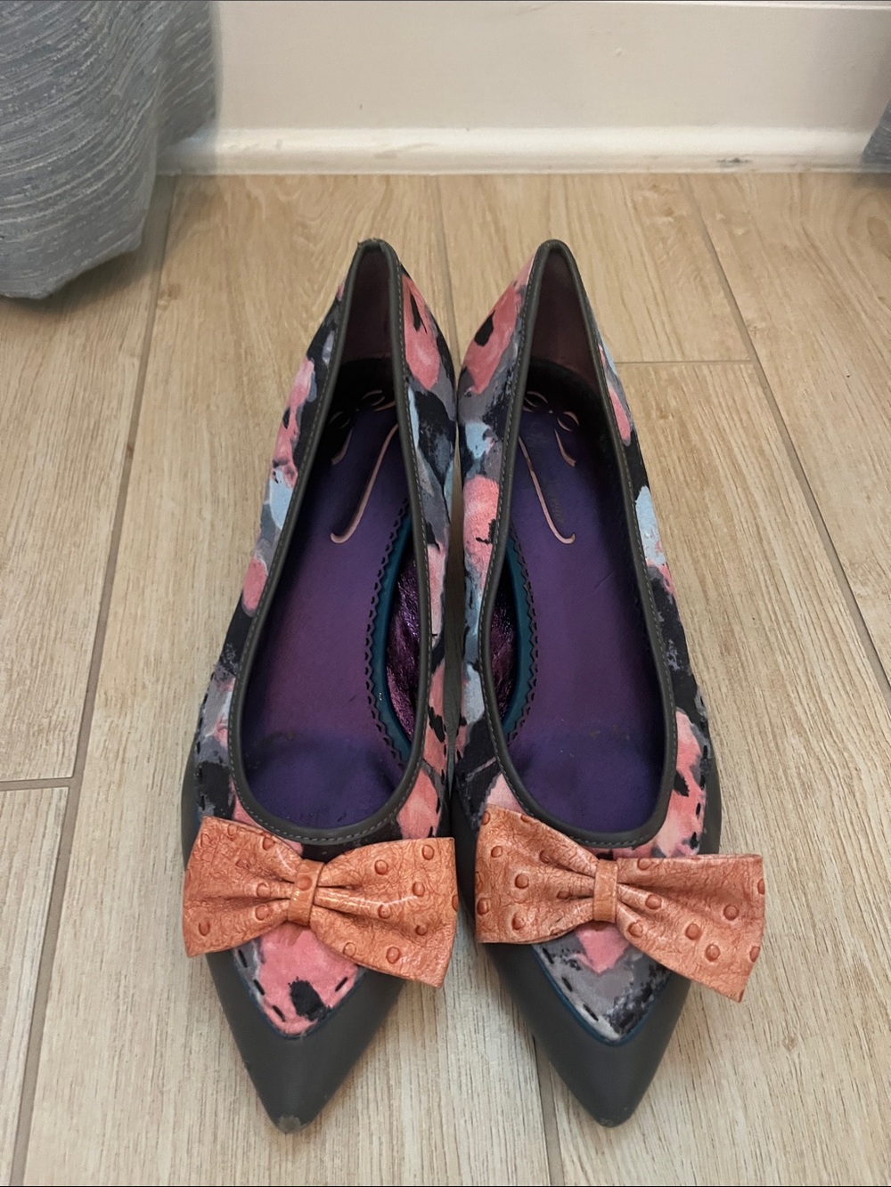 Poetic License Black Floral Pointed Flats with Coral Bow